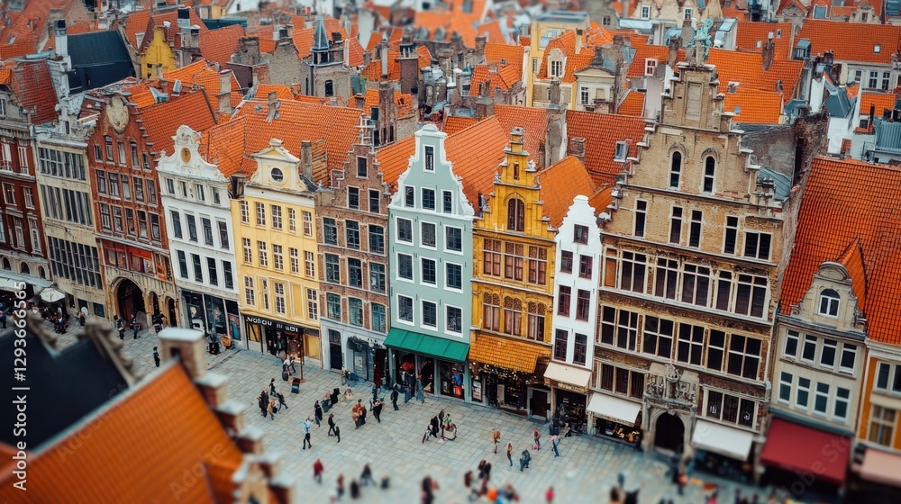 Fototapeta premium Aerial perspective of a bustling cityscape featuring numerous buildings and pedestrians navigating the urban environment.