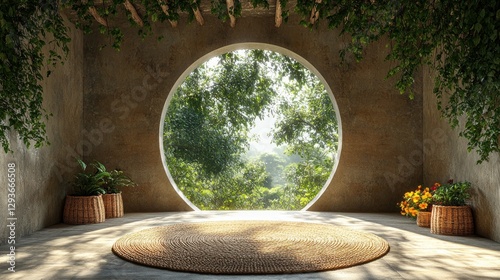 Serene circular window garden room interior, sunlight, plants