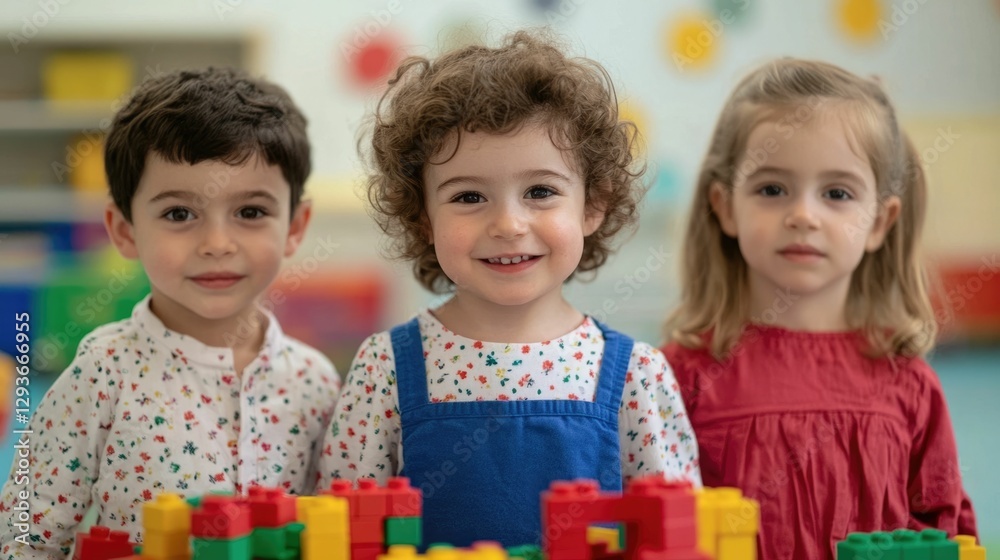 Cheerful Toddlers Building Colorful Toy Blocks Tower in Classroom Fostering Creativity and Teamwork in Early Childhood Education Cheerful Toddlers Building Colorful Toy Blocks Tower in Classroom Fostering Creativity and Teamwork in Early Childhood Education