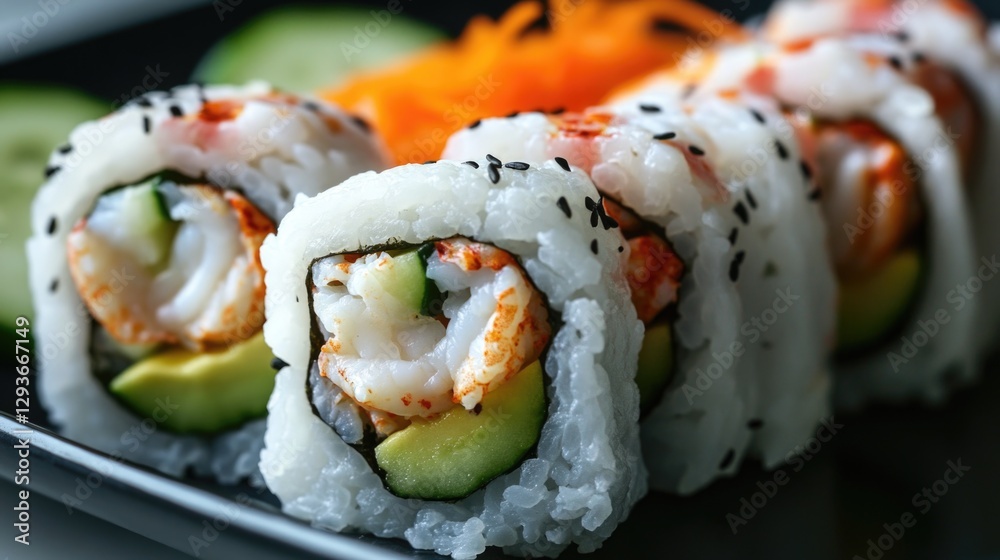 Fresh sushi rolls filled with avocado and carrots, perfect for lunch or snack