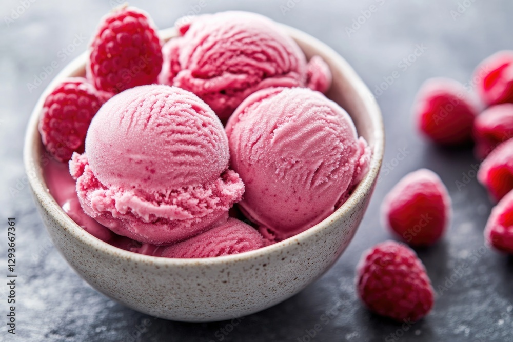 Fresh raspberries and scoop of creamy raspberry ice cream on a plate Fresh raspberries and scoop of creamy raspberry ice cream on a plate