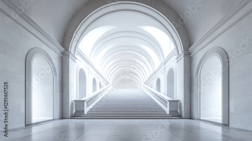 Grand White Archway Staircase, Elegant Architectural Hallway, Perfect for Background Use