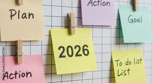 A close-up of 2026 sticky notes attached to a grid board with wooden clips. The notes display words like 