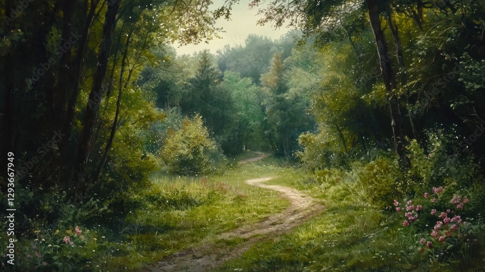Fototapeta premium A painting of a forest path with a road running through it