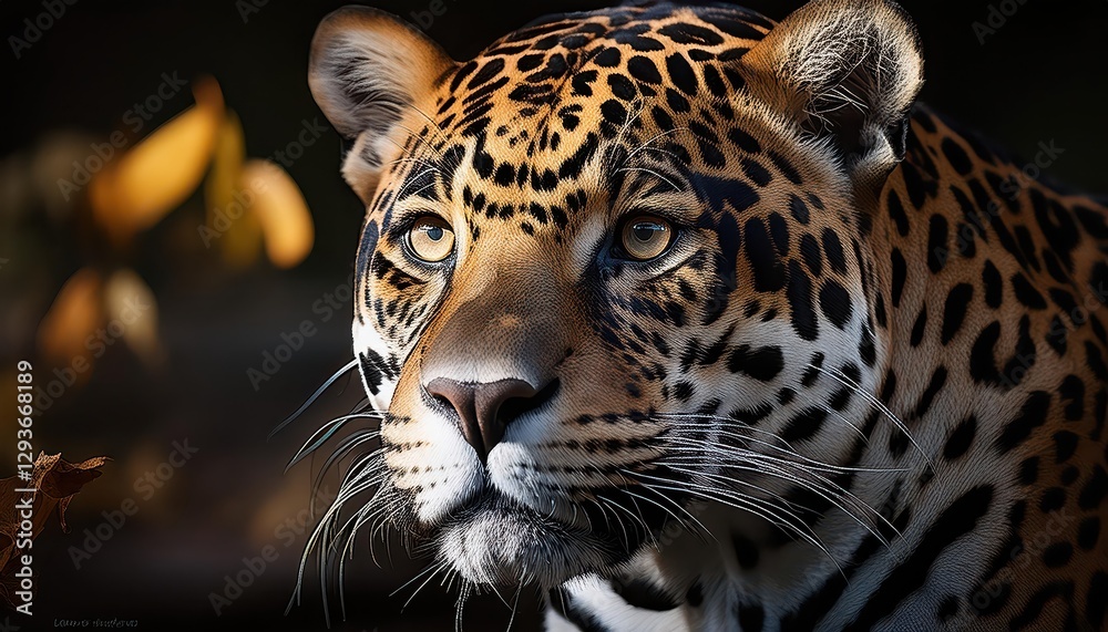 Naklejka premium Jaguar Panthera onca in Amazon Rainforest Majestic Big Cat Stalks Through Vibrant Greenery at Dusk, Showcasing Power and Grace amidst Tropical Flora and Fauna.