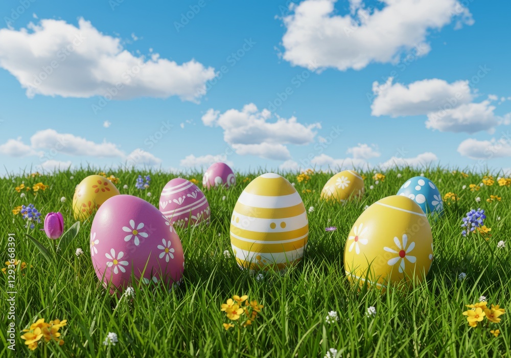 Decorated Easter Eggs in a Spring Meadow Under a Clear Sky Decorated Easter Eggs in a Spring Meadow Under a Clear Sky
