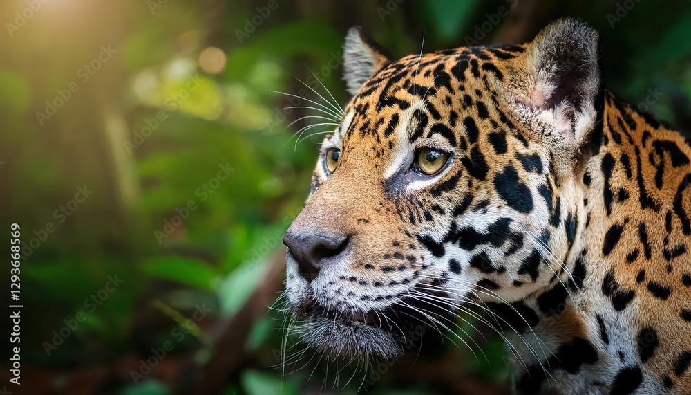 Fototapeta premium Spotted Majestic Jaguar Roaming the Amazon Rainforest, Camouflaged Amongst Greenery and Glowing Golden under the Fading Sunlight, Capturing the Wild Beauty of Natures Hidden Gem.