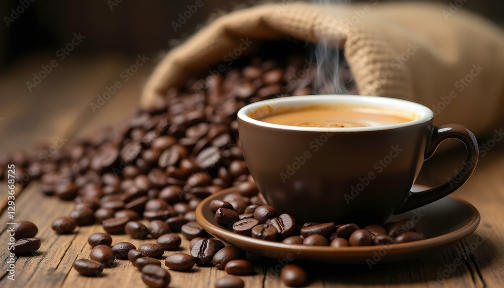Fototapeta premium Coffee cup with steam, roasted coffee beans, wooden table