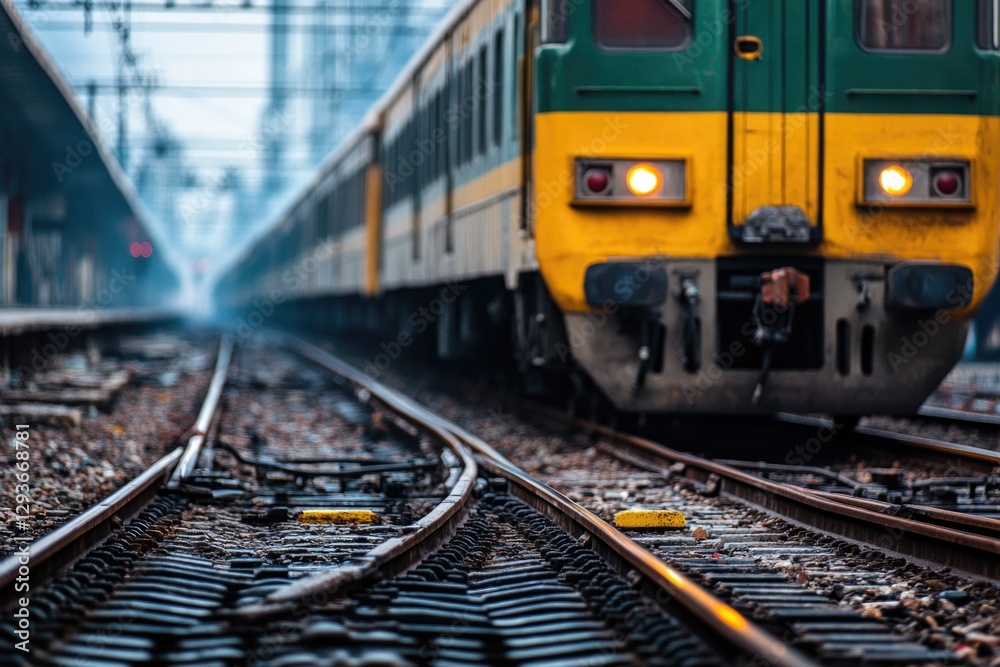 Train traveling down tracks with green and yellow colors Train traveling down tracks with green and yellow colors