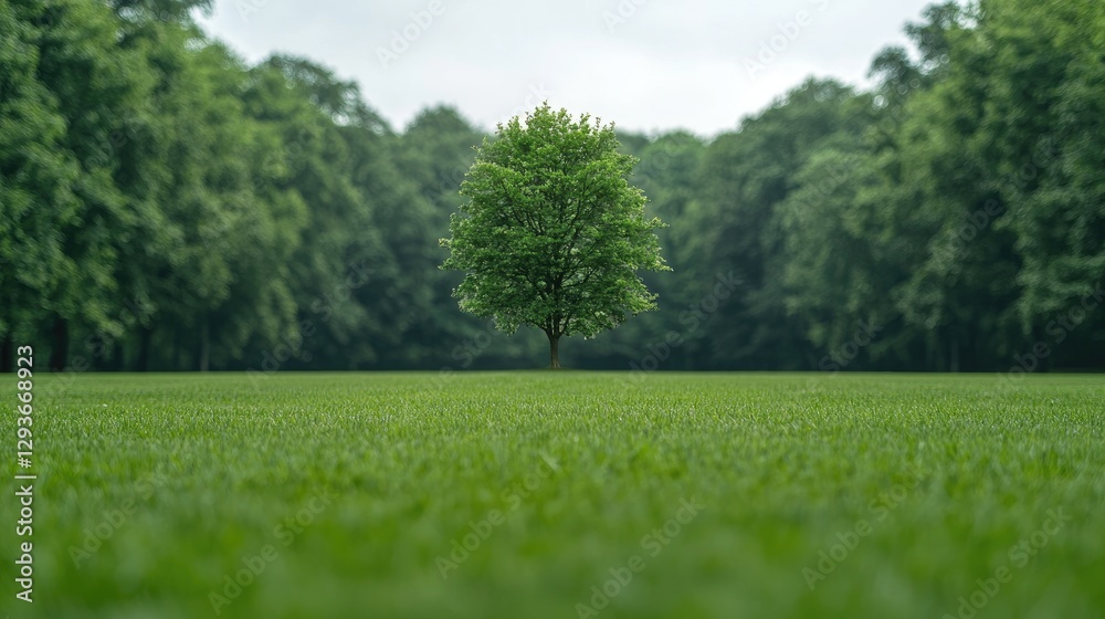 Single tree in lush green park, nature background, environmental theme Single tree in lush green park, nature background, environmental theme