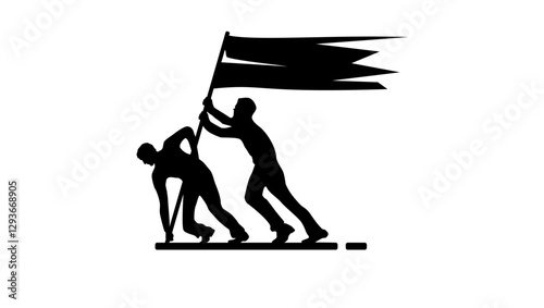 Hero soldiers try to raise flag, black isolated silhouette