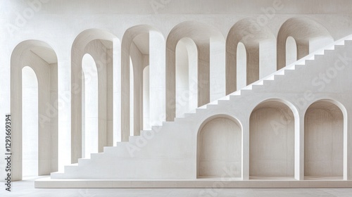 Minimalist architectural design  white arches  stairs  empty hall  ideal for modern interior or product display