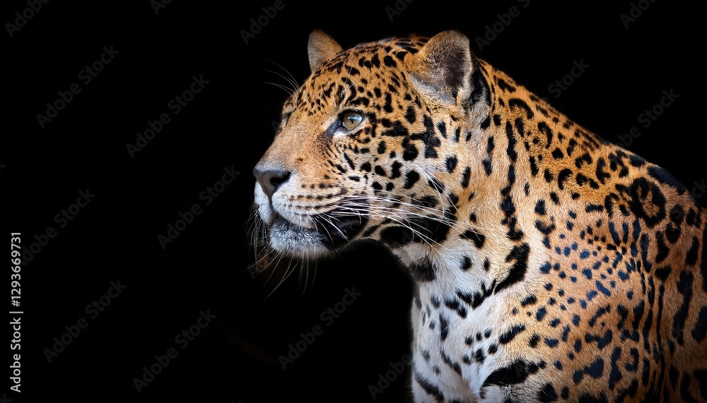 Naklejka premium Black Background Jaguar Portrait Majestic Felid Captured in Striking Contrast with Elegant Grace and Intense Vigilance at Twilight
