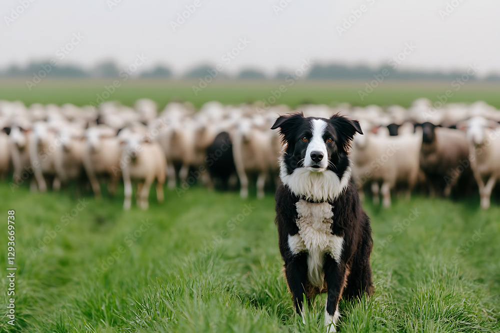 Attentive sheepdog guarding its flock in the meadow. The black and white sheepdog stands alert, keeping a watchful eye over the sheep grazing in the pasture. Attentive sheepdog guarding its flock in the meadow. The black and white sheepdog stands alert, keeping a watchful eye over the sheep grazing in the pasture.