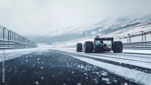Snowy Race Track Formula Car - A lone formula car speeds down a snowy race track, symbolizing speed, challenge, winter sports, precision, and determination