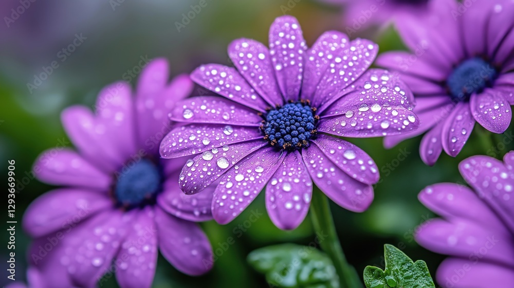 Macro shot of vibrant purple flowers with dewdrops in lush greenery Macro shot of vibrant purple flowers with dewdrops in lush greenery