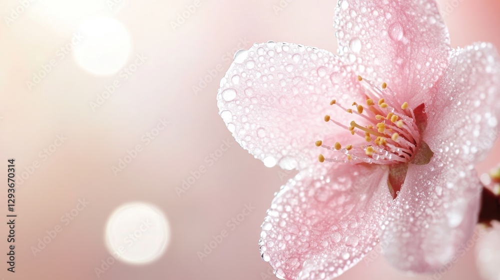 A stunning macro close-up of a delicate peach blossom covered in tiny dewdrops A stunning macro close-up of a delicate peach blossom covered in tiny dewdrops
