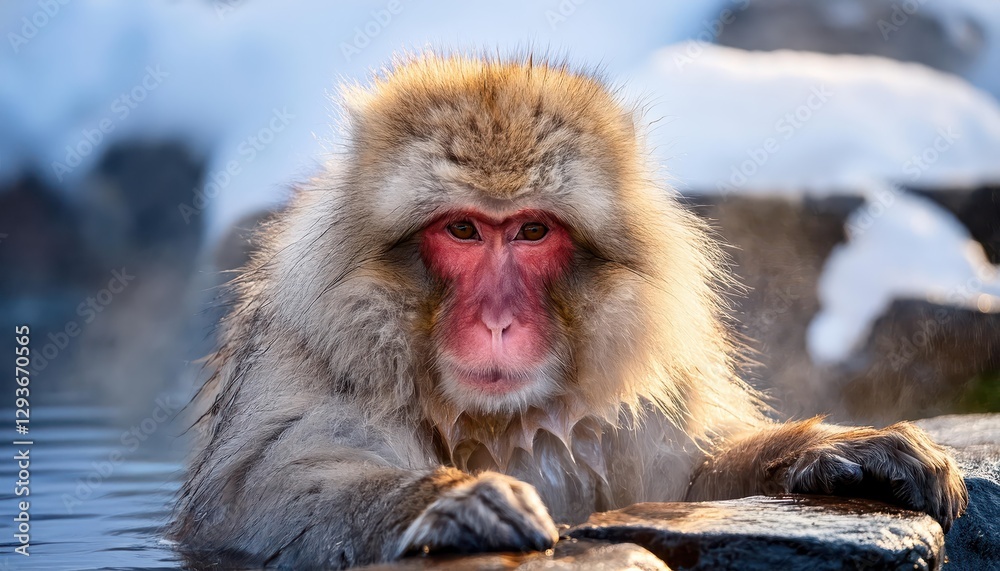 Naklejka premium Japanese Snow Monkey Macaque Enjoying Warm Onsen in Jigokudan Park, Relaxing Amidst Winters Chilly Gaze as Steam Rises, Capturing the Harmony of Nature and Culture in a Picturesque Winter Scene.