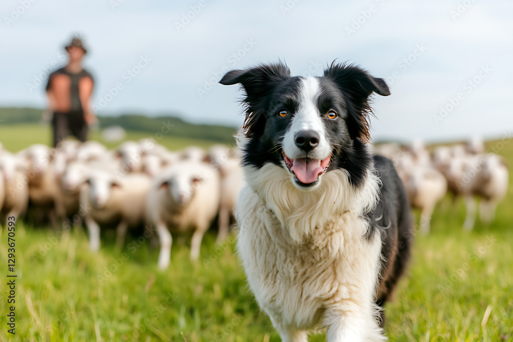 A focused sheepdog smiles, poised to herd its flock across a lush green pasture, under the watchful eye of its herder. Sky is blue and sheep are in the back. A focused sheepdog smiles, poised to herd its flock across a lush green pasture, under the watchful eye of its herder. Sky is blue and sheep are in the back.