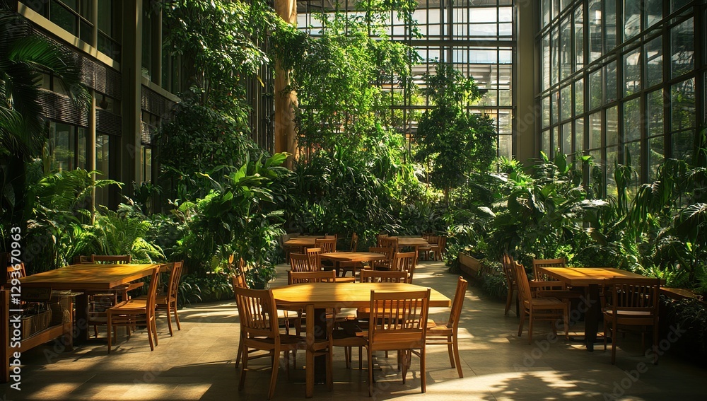 Fototapeta premium Sunlit Indoor Garden with Wooden Tables and Chairs
