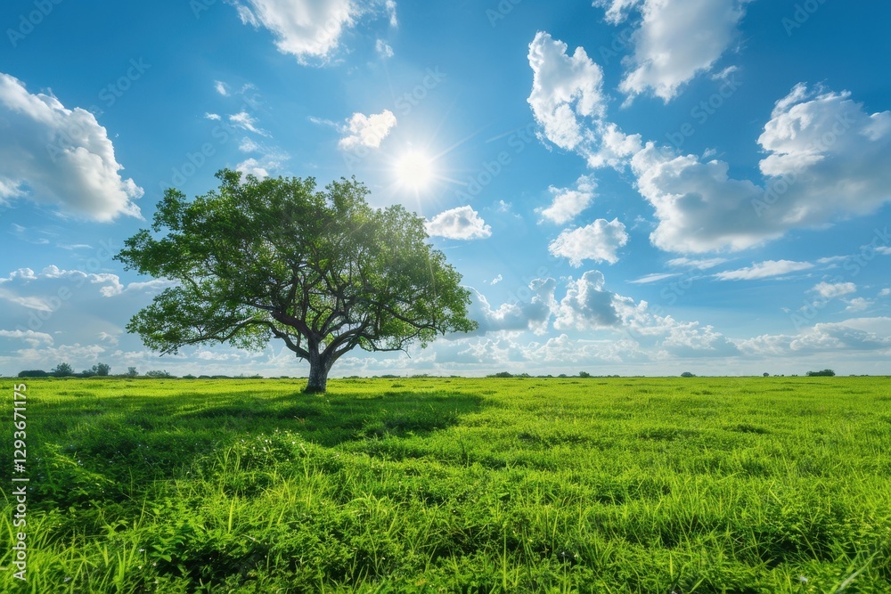 Obraz premium Solitary Tree in a Lush Green Field Under a Bright Sunny Sky