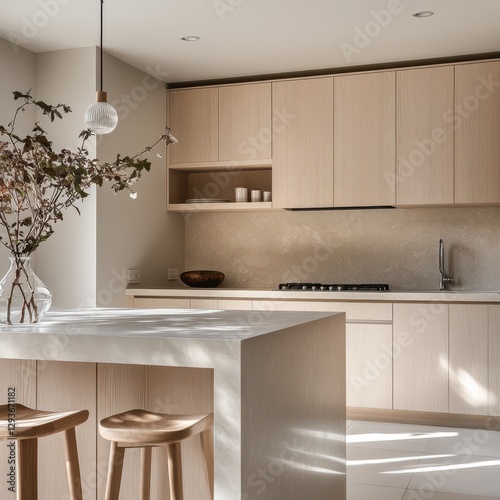 A modern kitchen showcasing light colored wooden cabinetry and bar photo