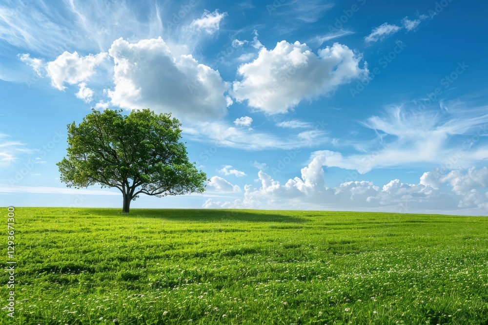 Fototapeta premium Solitary Tree in a Verdant Field under a Bright Blue Sky