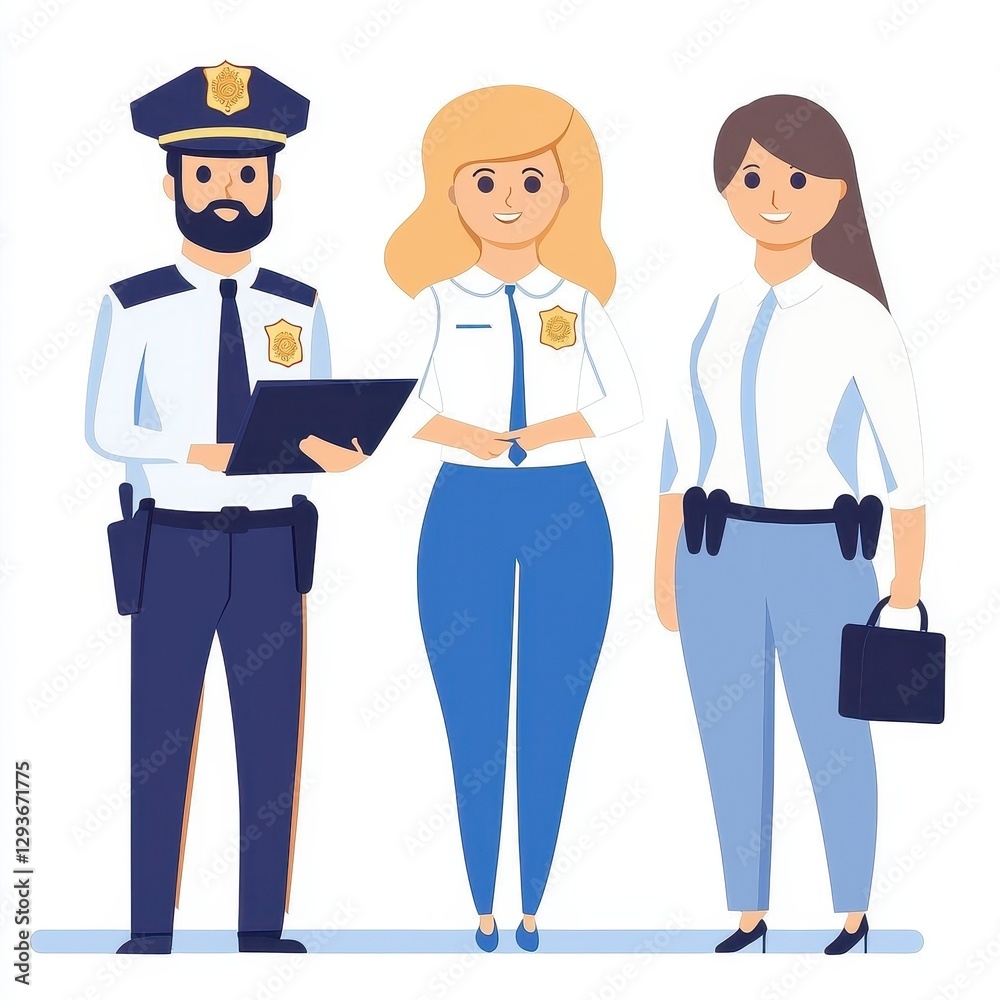 Diverse Team of Police Officers A Vector Illustration Showcasing Male and Female Law Enforcement Professionals in Uniform, Representing Community Safety and Security Depicting a Police Man Holding a Diverse Team of Police Officers A Vector Illustration Showcasing Male and Female Law Enforcement Professionals in Uniform, Representing Community Safety and Security Depicting a Police Man Holding a