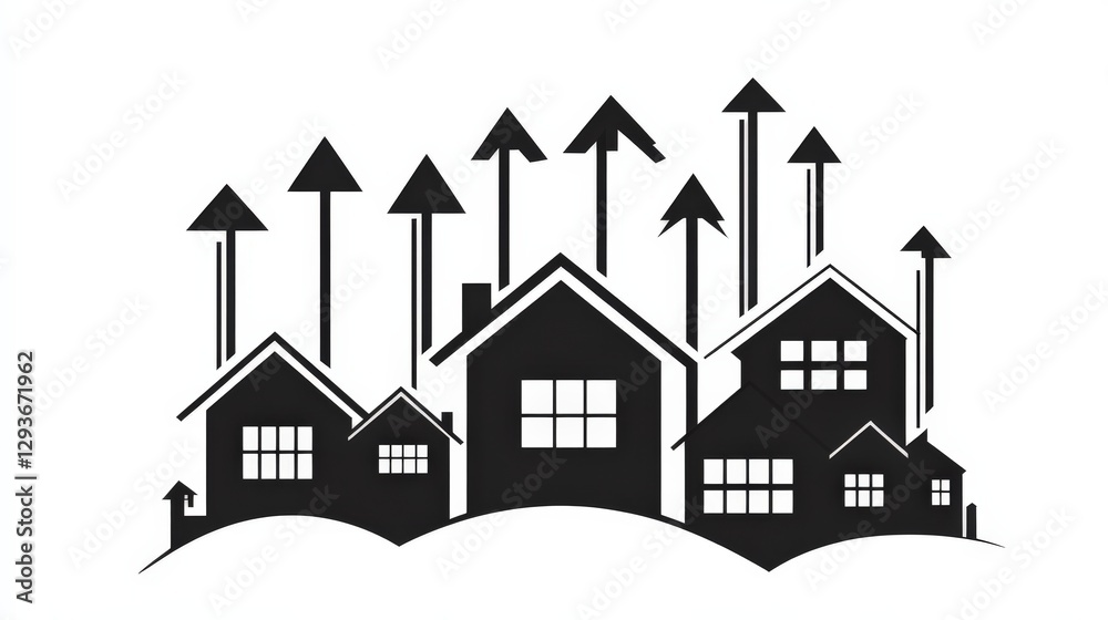Abstract illustration of growing houses with arrows indicating upward trends in real estate market
