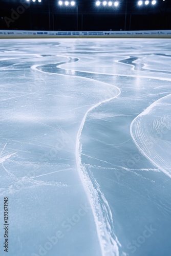 Smooth, glistening ice surface illuminated by bright lights show