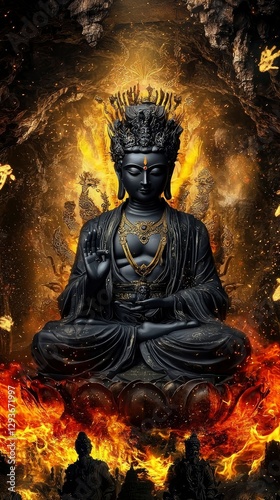 Wallpaper Mural Fiery Black Buddha Enlightenment Amidst Chaos Torontodigital.ca