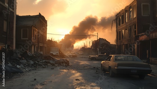 Desolate street after disaster, sunset, smoke, rubble photo