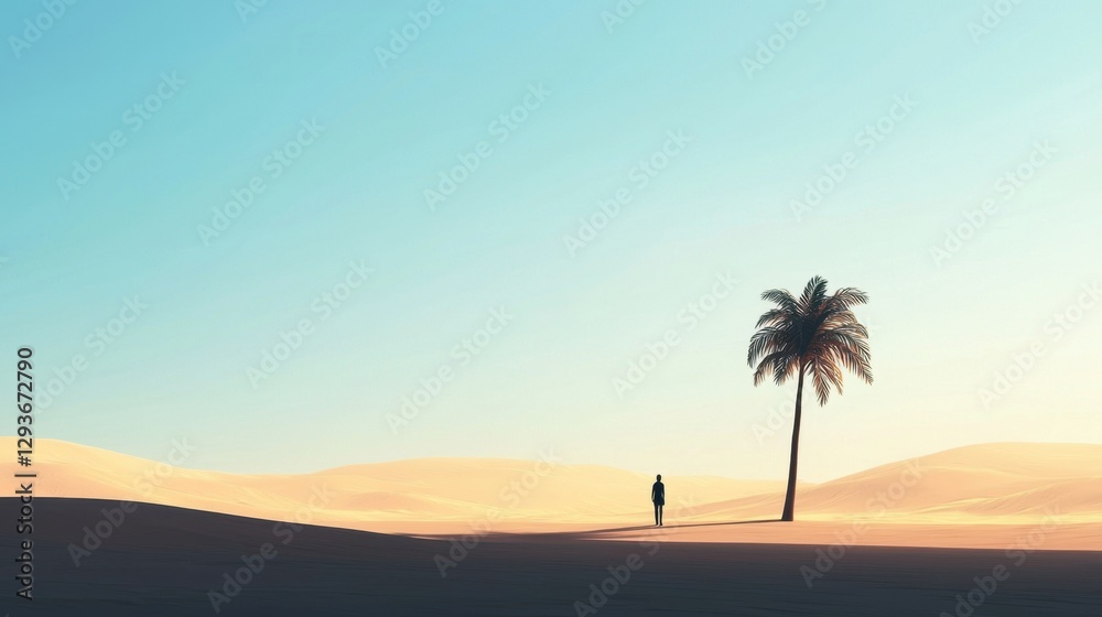 A man stands in the desert next to a palm tree A man stands in the desert next to a palm tree