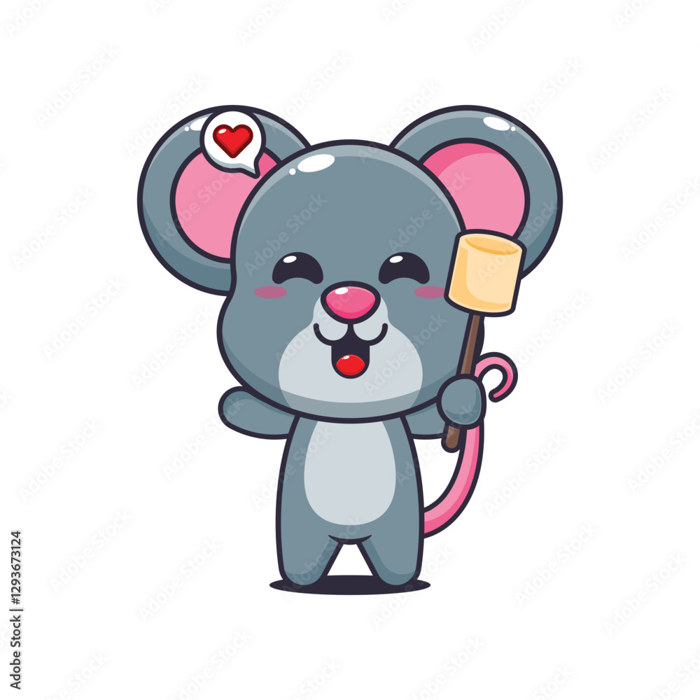 Mouse cartoon vector illustration eating marshmallow