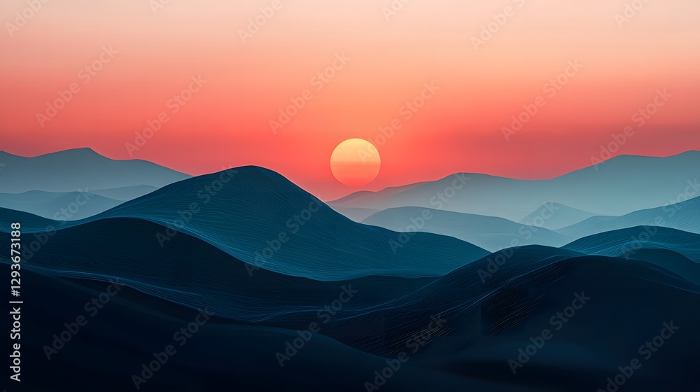 Fototapeta premium Sunset over rolling hills tranquil landscape nature photography serene environment distant view beauty of nature