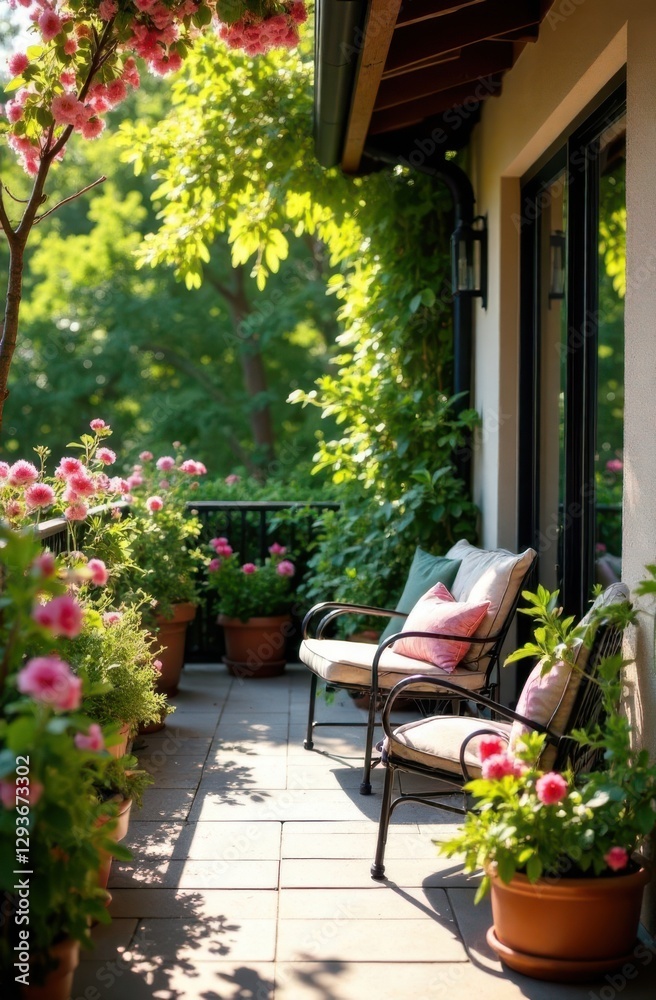 Fototapeta premium Blooming balcony offering relaxing summer vibes in a lush garden