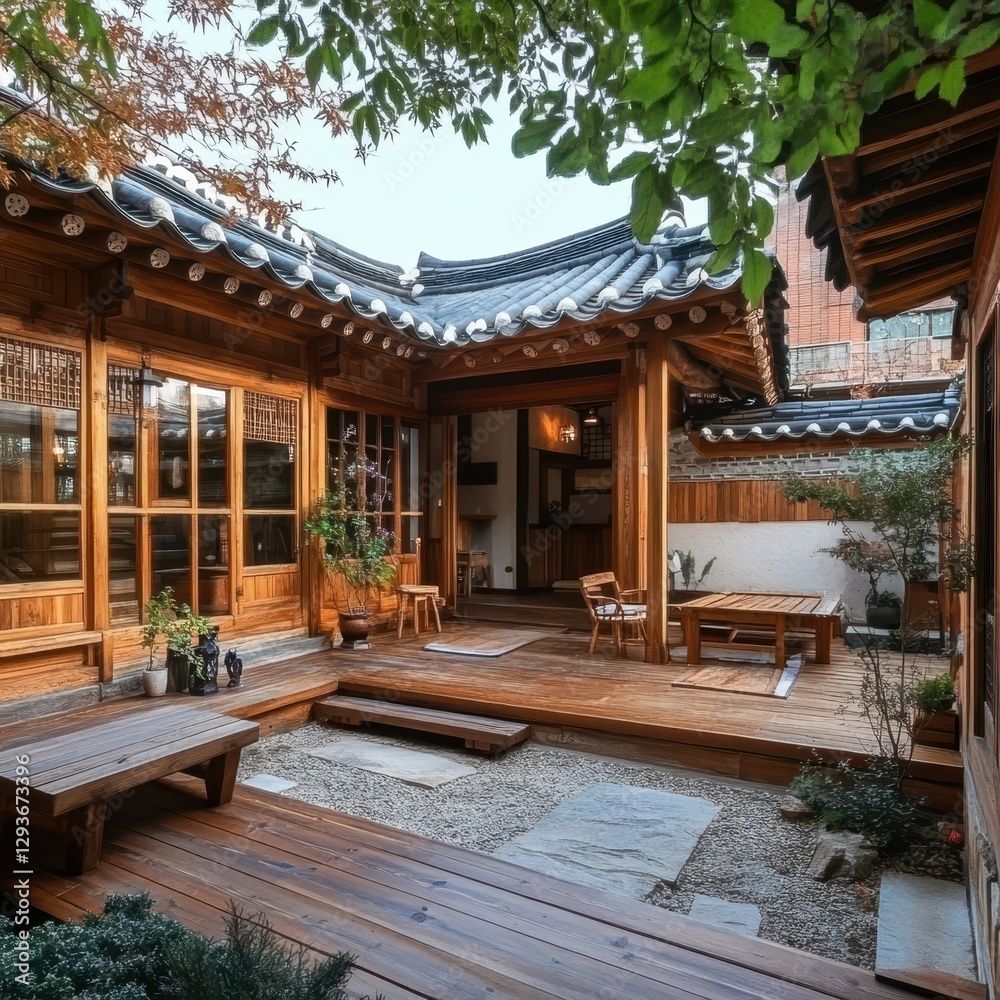 Naklejka premium A Traditional Korean House and Courtyard with Open Space