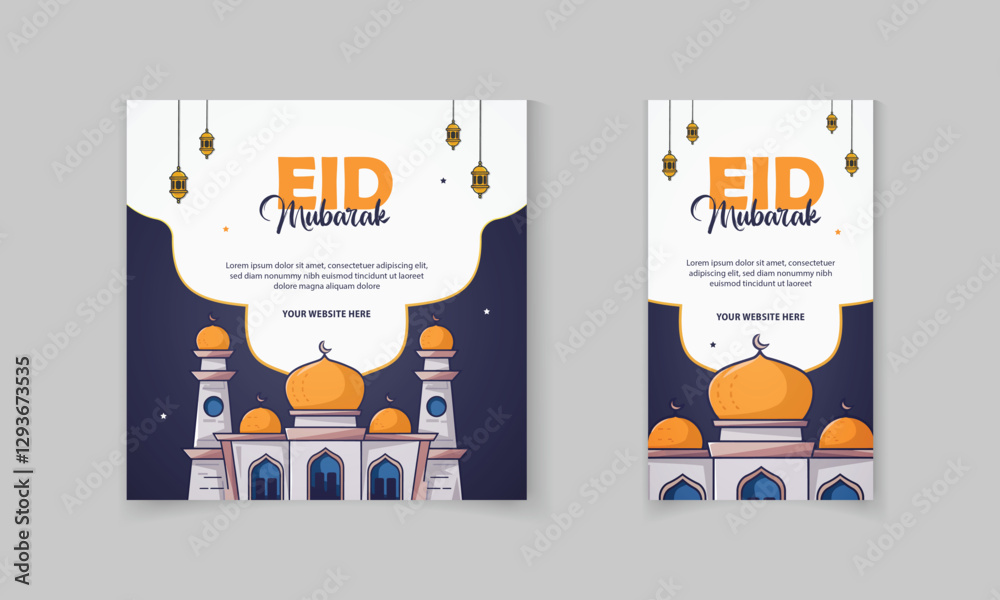 Happy Eid Mubarak Social media post template design set with Islamic element masjid, ster, lamp