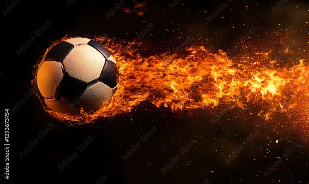 Naklejka premium Soccer ball in motion surrounded by flames creating dynamic energy effect