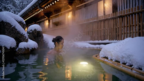 Japanese Woman in a Traditional Ryokan Onsen: A Serene Outdoor Hot Spring in a Snowy Winter Wonderland