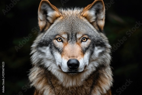 A close-up view of a wolf gazing straight into the camera lens
