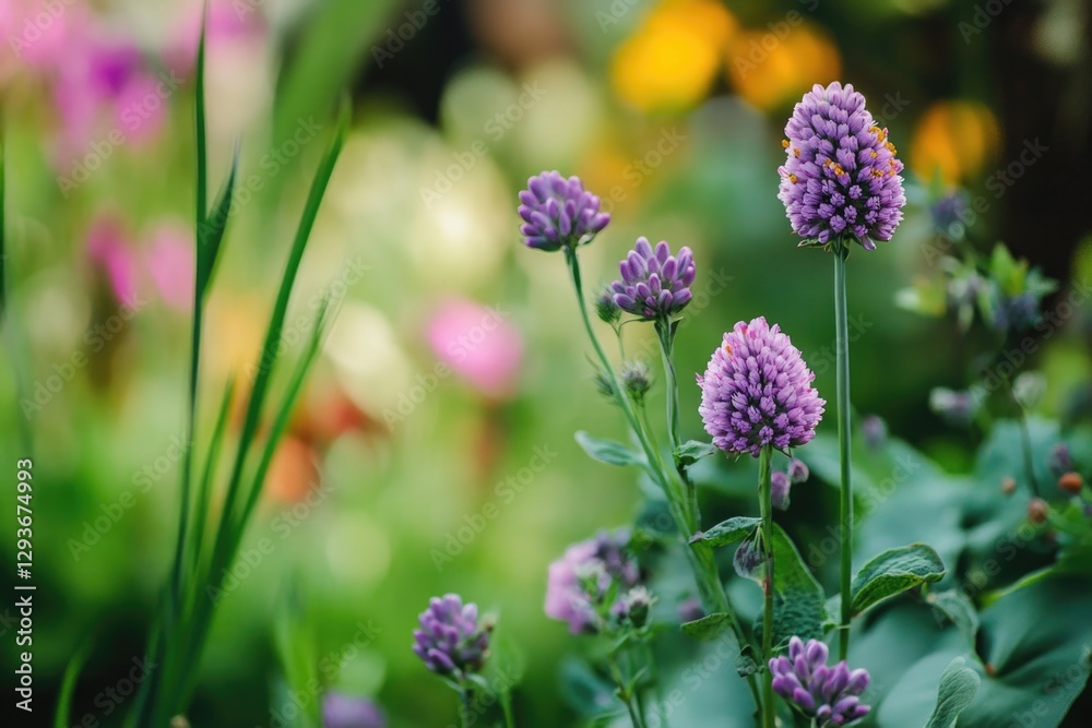 A colorful bouquet of purple flowers growing in a lush garden, suitable for nature and floral-themed designs A colorful bouquet of purple flowers growing in a lush garden, suitable for nature and floral-themed designs