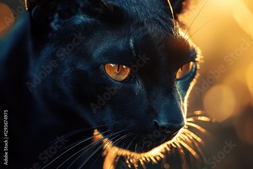 A close-up view of a black cat's face with bright yellow eyes