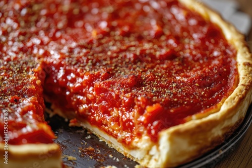 Freshly baked deep dish pizza with a slice taken out, perfect for illustration or stock photography