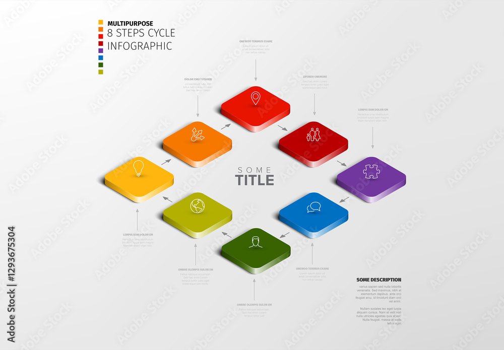 Colorful 8-Step Cycle Progress Process Infographic made from colorful blocks and icons