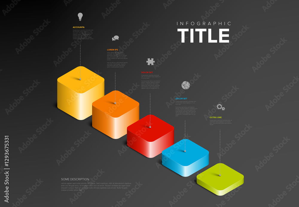 3D Rainbow Color Infographic Steps with Icons and description on dark background