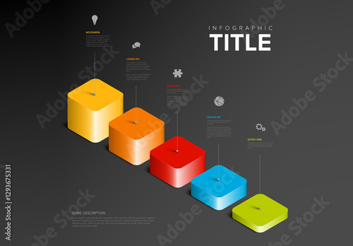 3D Rainbow Color Infographic Steps with Icons and description on dark background