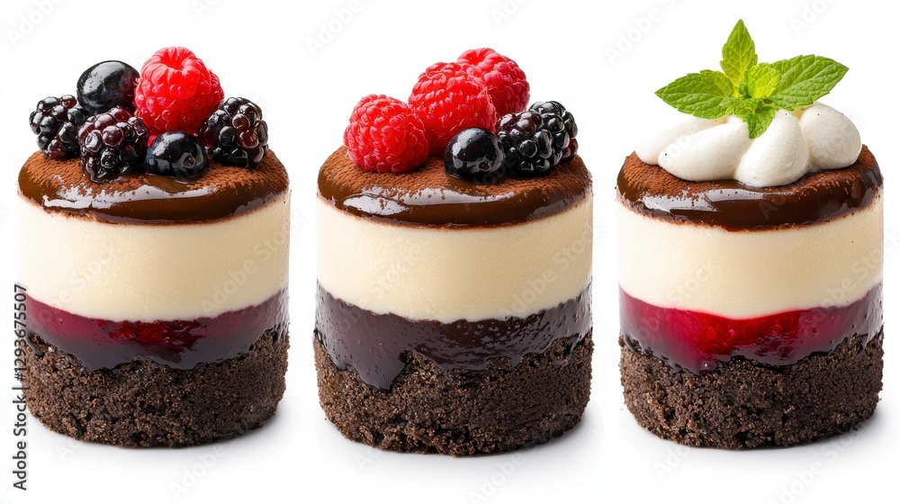 Three assorted desserts with different toppings including tiramisu berries and chocolate on a plate Three assorted desserts with different toppings including tiramisu berries and chocolate on a plate