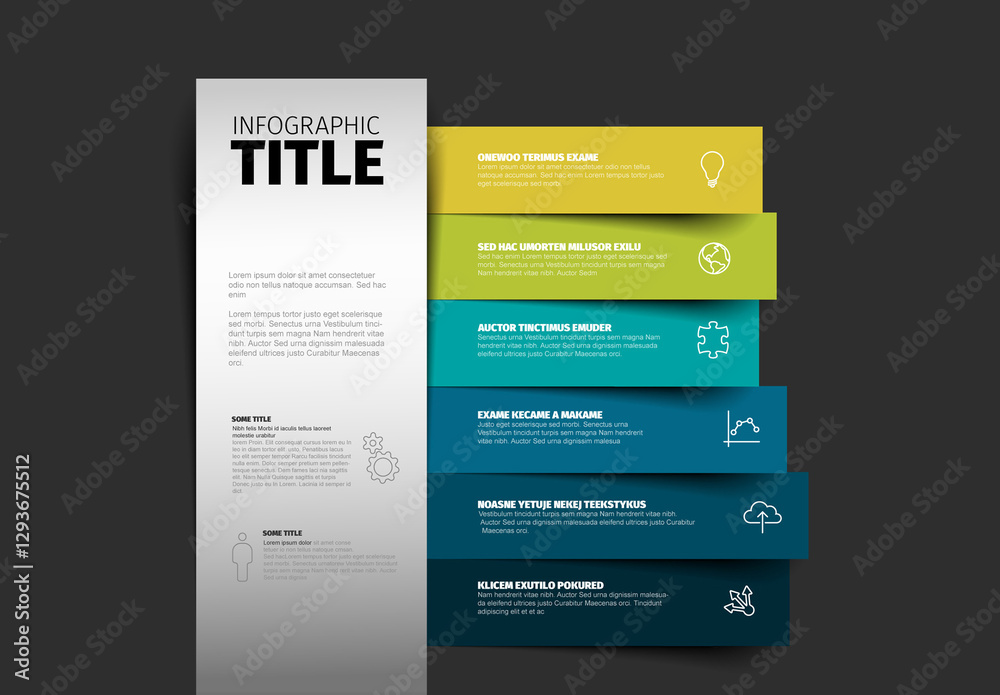Colorful Vertical Infographic Design template with six horizontal stripe elements on dark background