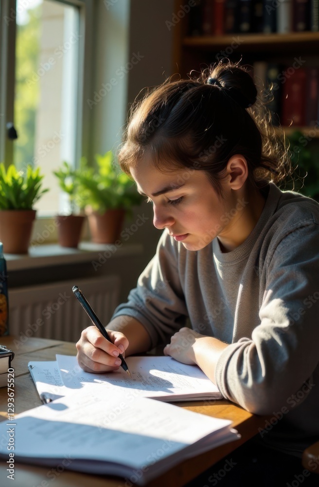 Teenage student girl writing notes studying at home Teenage student girl writing notes studying at home
